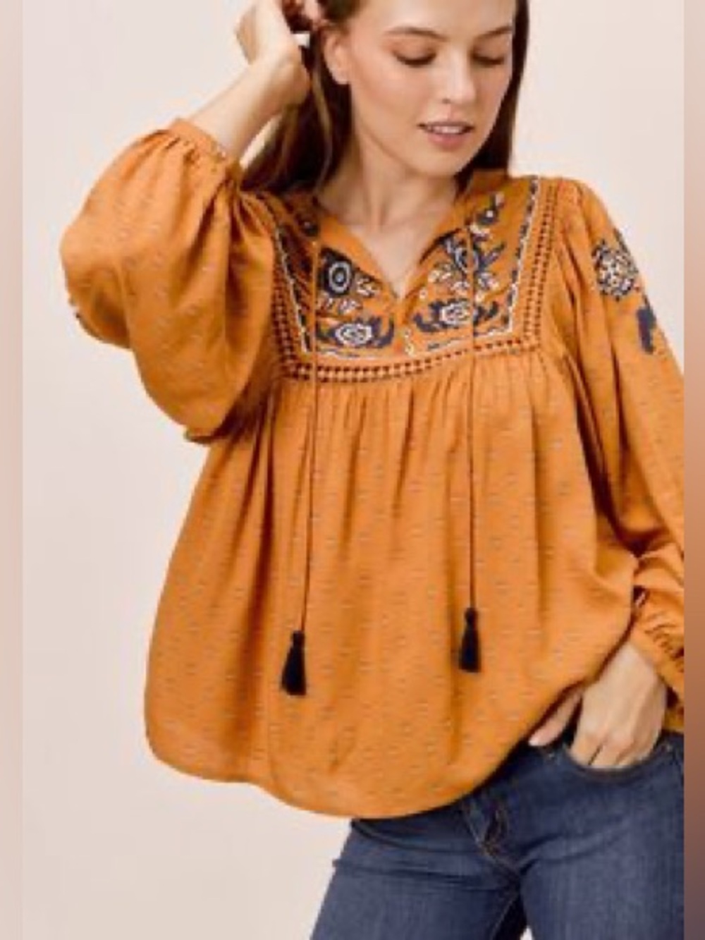 Zara Women’s Mustard Color Boho Embroidered Beaded Peasant Style Top Sz S